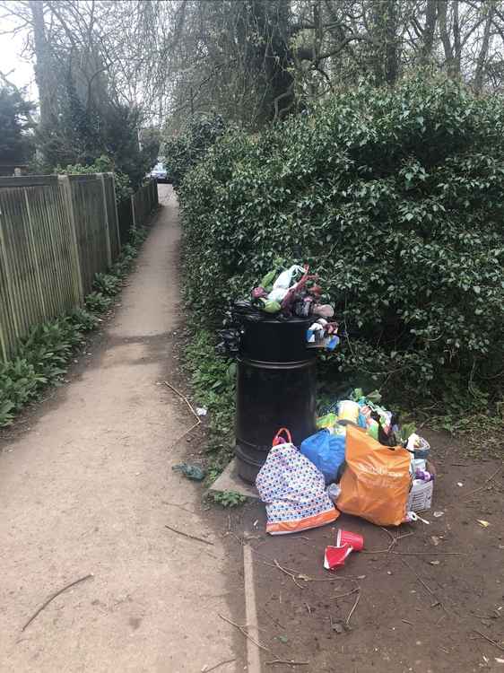 An overflowing bin at the Gosmore Road entrance to Priory Park. CREDIT: Hillary Robertson