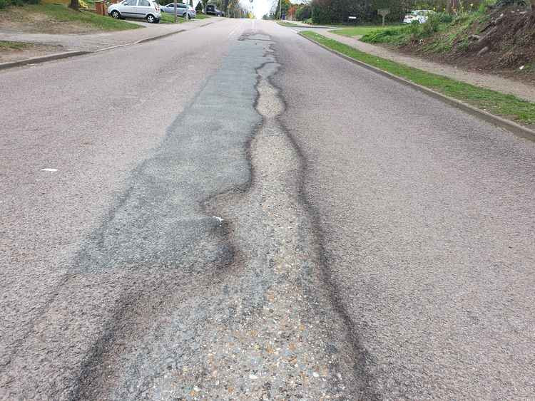 Is the deep and prolonged scar on Willian Road the worst pothole in Hitchin? CREDIT: @HitchinNubNews