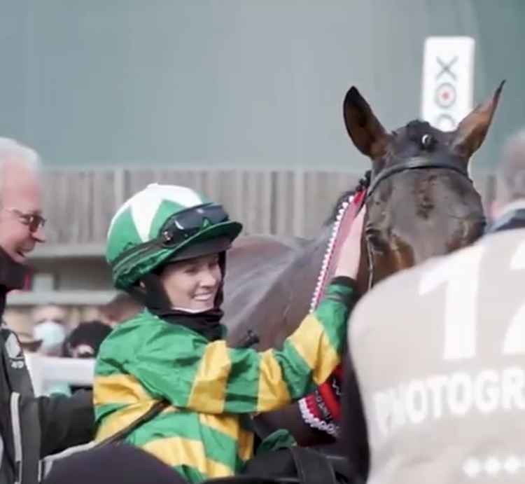 Rachel Blackmore with Minella Times after the pair won Saturday's Grand National at Aintree. CREDIT: ITV television