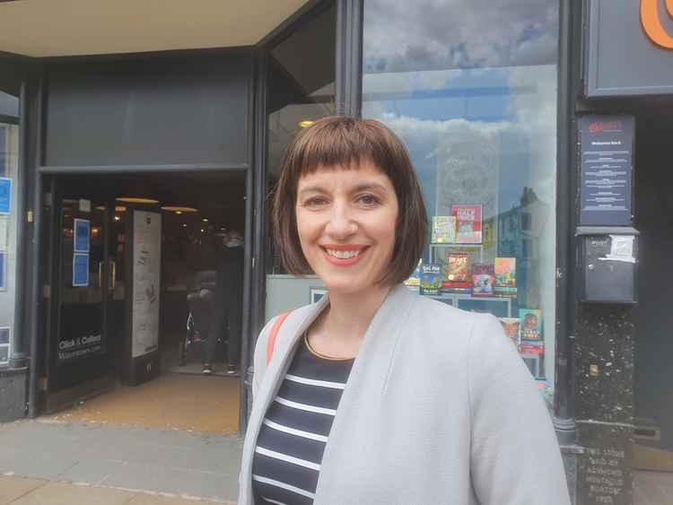 Hitchin: Labour shadow chief secretary Bridget Phillipson hails town's independent businesses and sense of community. PICTURE: Bridget Phillipso MP in Hitchin Market Place during her visit to the town on Thursday. CREDIT: @HitchinNubNews