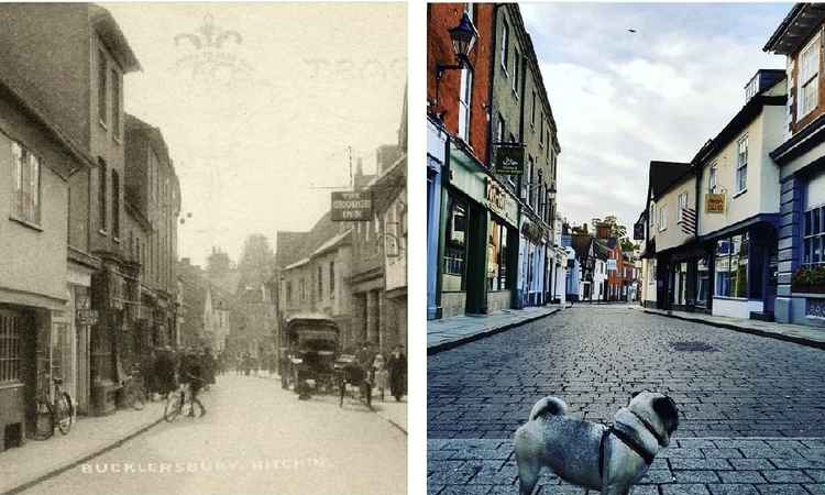 Hitchin: 'Then and Now' - Bucklersbury in 1906 and 2021. CREDIT: NHDC/North Herts Museum & Danny Pearson
