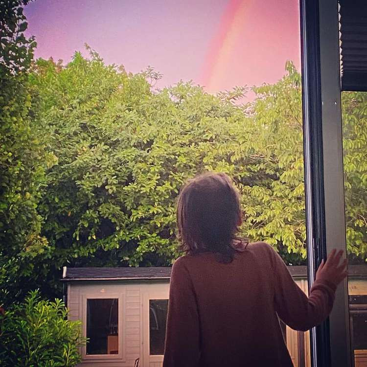 Hitchin: When it rains look for rainbows - GALLERY. PICTURE: Brave Hattie looking at the stunning rainbow over Hitchin on Tuesday evening. CREDIT: Helen Birks and Hattie