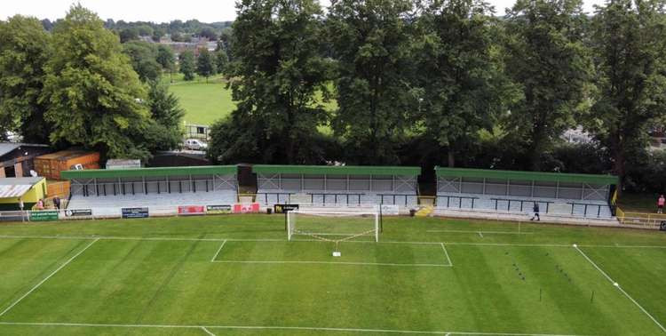 Arsenal U18 visit to Hitchin Town coincides with official opening of new Fishponds Road terrace. PICTURE: The new Fishponds Road terrace. CREDIT: Eddy and his drone