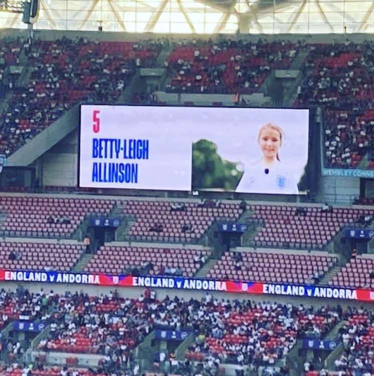 Betty on the big screen in front of 67,000 fans at Wembley during England vs Andorra. CREDIT: Faye Leigh Allinson