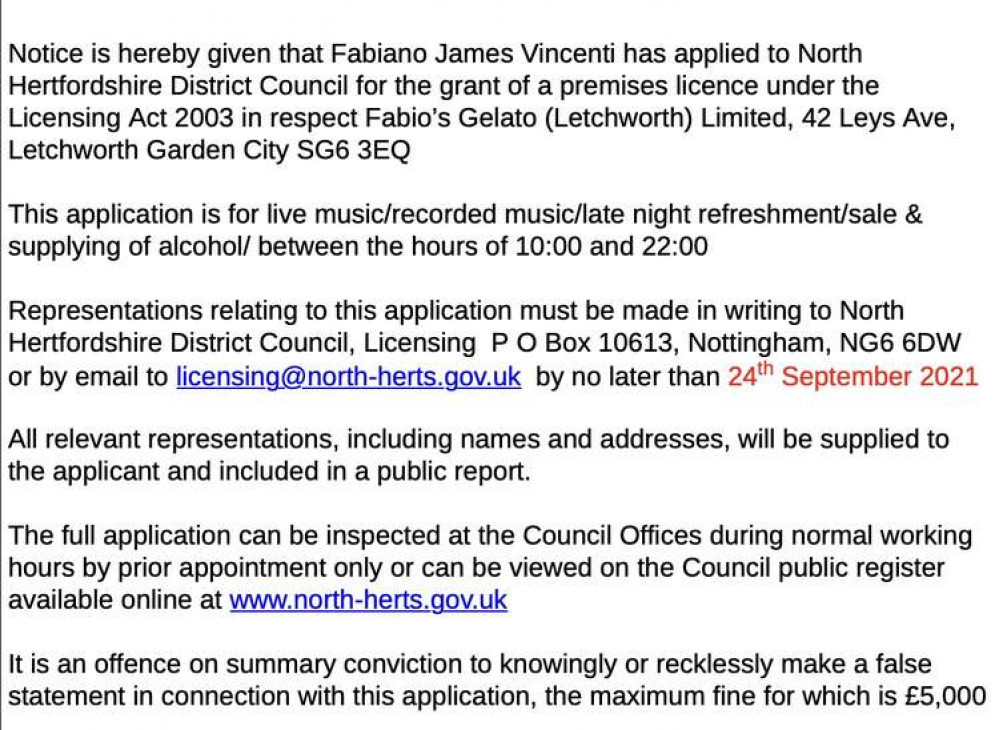PUBLIC NOTICE: Licensing Application for Fabio's Gelato, on 42 Leys Avenue, Letchworth