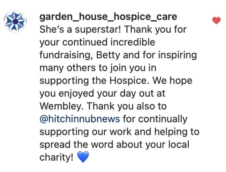 Garden House Hospice's lovely message to Betty posted on Hitchin Nub News instagram page