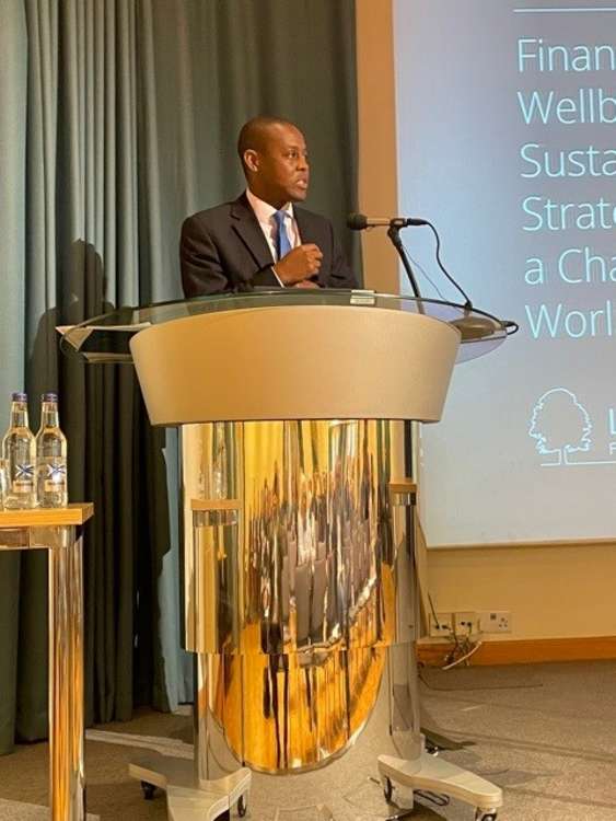 Hitchin MP Bim Afolami speaking at Lyndhurst's sustainability conference. Mr Afolami will be chairing a meeting at Cop26 this week. CREDIT: Lyndhurst Financial Management