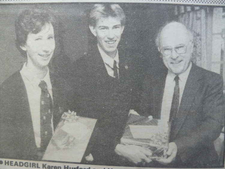 Colyton Grammar School – head boy Robert Moulding presenting a retirement gift to Ernest Fox