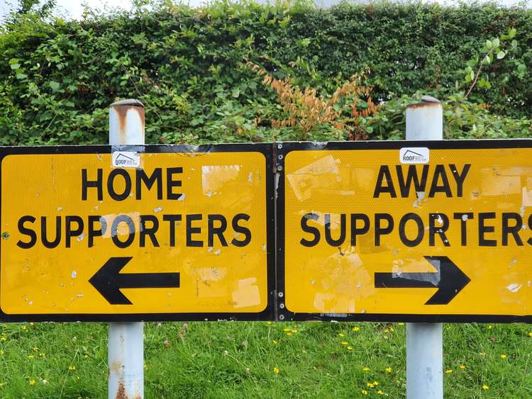 A sign outside Broadhall Way as fans return to watch Boro in League Two. CREDIT: @laythy29