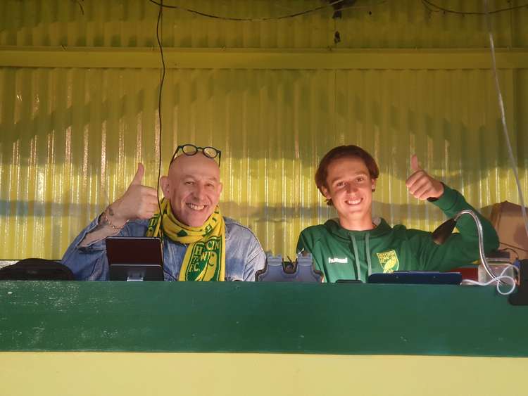 The brilliant HTFC Radio team of Marac Andrzej and Freddie Cardy give the Canaries the thumbs up at Top Field. CREDIT: @laythy29