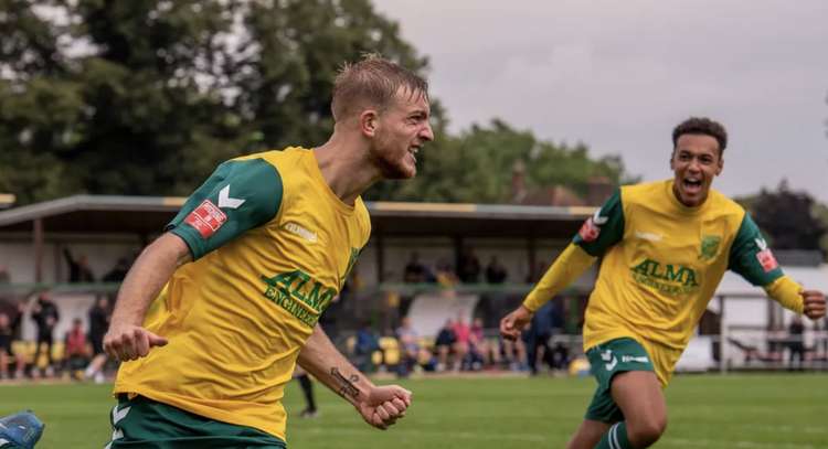 Hitchin Town boss Mark Burke 'bitterly disappointed' at Callum Stead's move to South Shields. PICTURE: Callum Stead in Hitchin colours. CREDIT: PETER ELSE