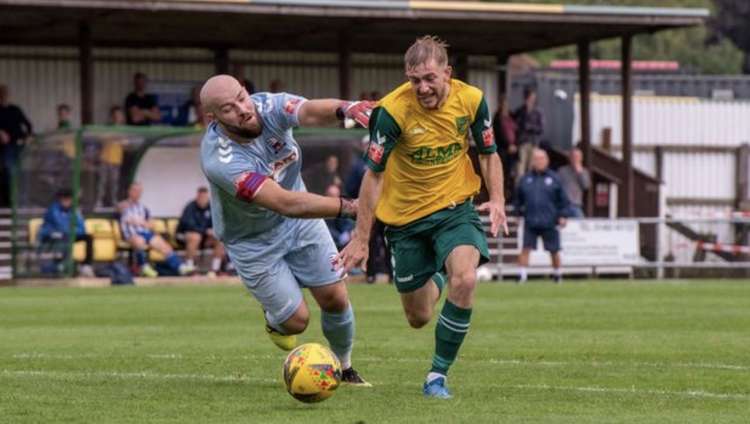 Hitchin Town boss Mark Burke 'bitterly disappointed' at Callum Stead's move to South Shields. PICTURE: Callum Stead in Hitchin colours. CREDIT: PETER ELSE