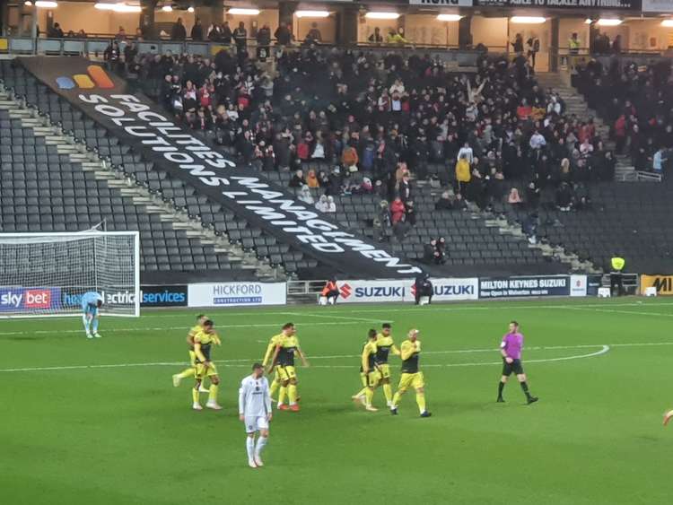 Boro fans celebrate after Brad Barry's goal drew Stevenage level at 1-1. CREDIT: @laythy29 Boro fans celebrate after Brad Barry's goal drew Stevenage level at 1-1. CREDIT: @laythy29