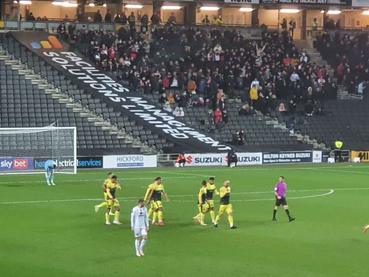 Stevenage fans celebrate Brad Barry's goal. CREDIT: @laythy29