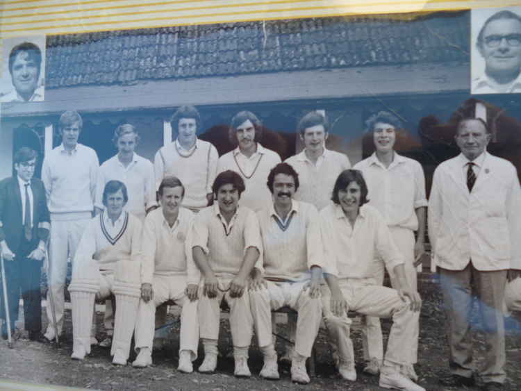 "Axminster Town CC circa 1972 In this team, captain Philip Spong is in the centre at the front. The inserts are the memorable Skip Willey on the left and Dennis Davis on the right"