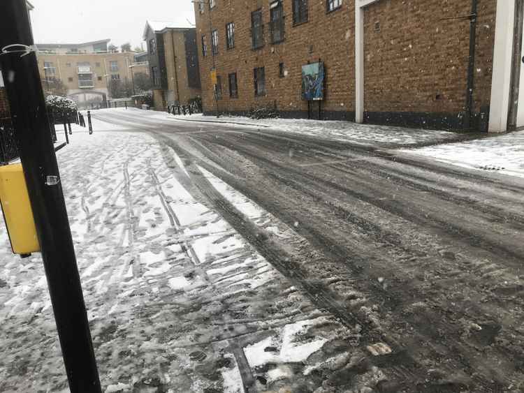 Icy conditions on local road near The Island