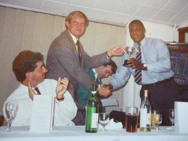 One of the benefit matches with Gloucestershire, which includes Phil Bainbridge and David (Syd) Lawrence. (Geoff Enticott lurking in the background!)