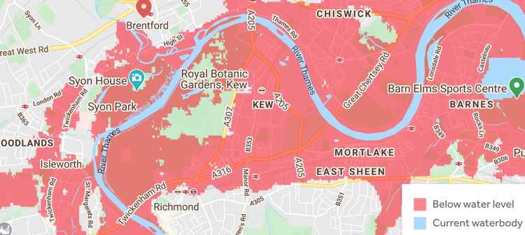 The map shows areas in red that could be under water