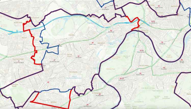 A map of the prospective changes for Brentford and Isleworth - red is the proposed boundary, blue is the current one