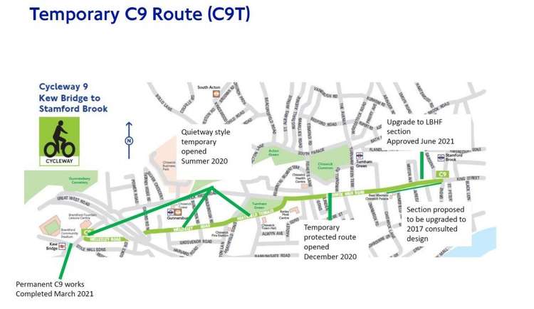 The cycle lane runs along part of Chiswick High Road and has attracted criticism for its effect on traffic. Image Credit: Hounslow Council