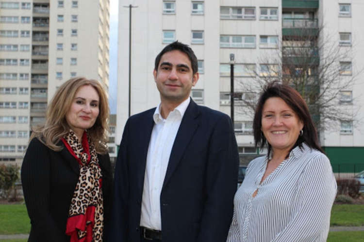 Isleworth councillors Daanish Saeed, Salman Shaheen and Sue Sampson on the Ivybridge Estate in south Isleworth. (Image: Hounslow Labour)