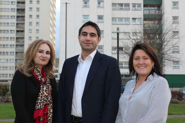 Isleworth councillors Daanish Saeed, Salman Shaheen and Sue Sampson on the Ivybridge Estate in south Isleworth. (Image: Hounslow Labour)