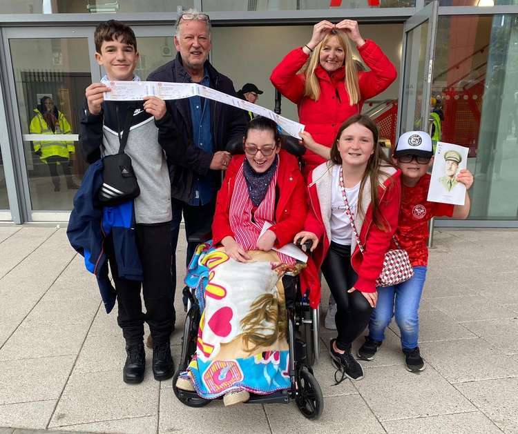 Park Lane Stables goes to Brentford: Natalie (third from right) and Woody (right) at the match with Natalie's daughter Alice (second right) and Park Lane Stables RDA rider Lucy (centre) (Image: Natalie O'Rourke)