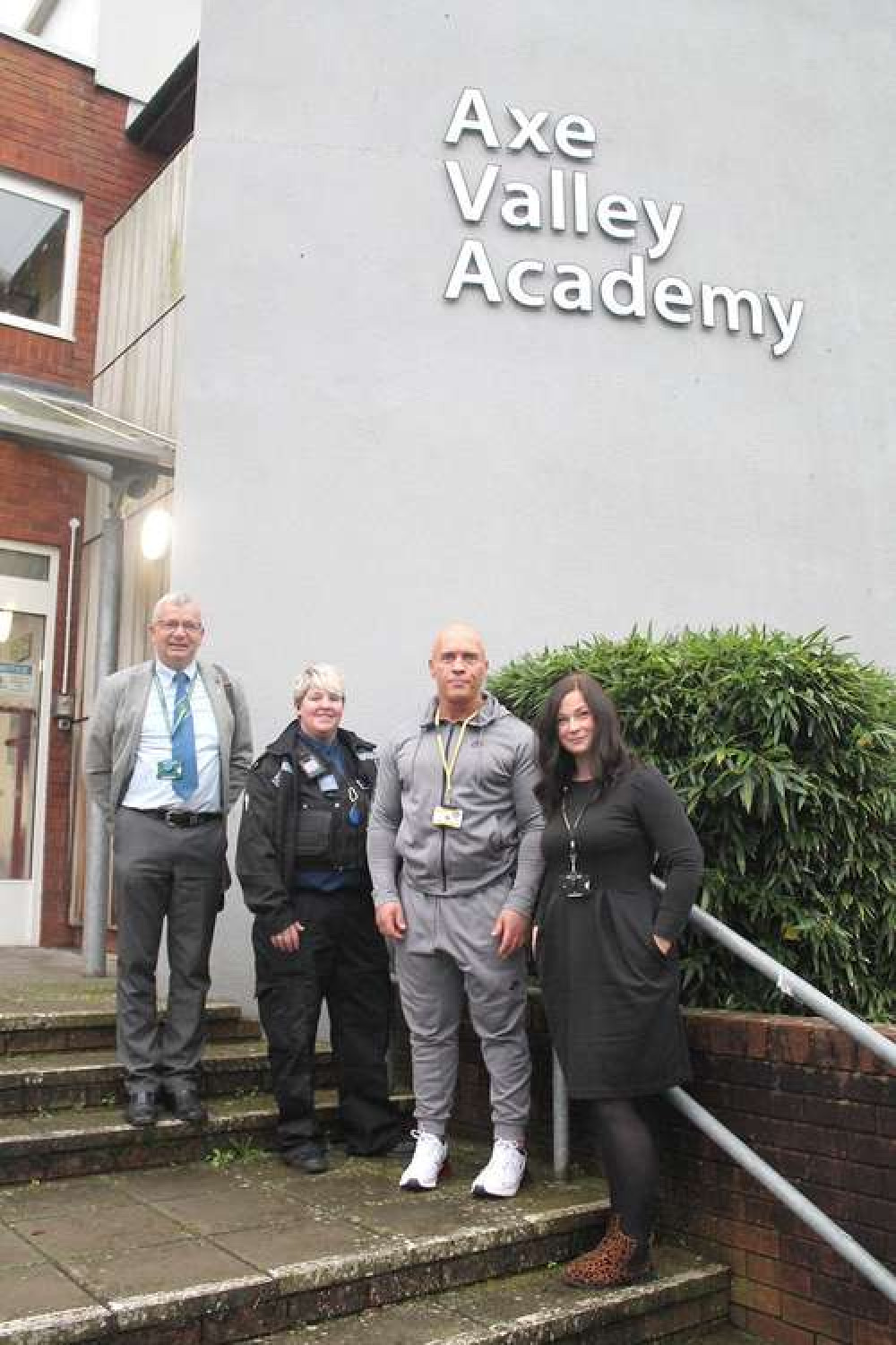 Guest speaker Paul Hannaford pictured outside Axe Valley Academy with Cllr Ian Hall, PCSO Hayley Widger and headteacher Laura Jenkins