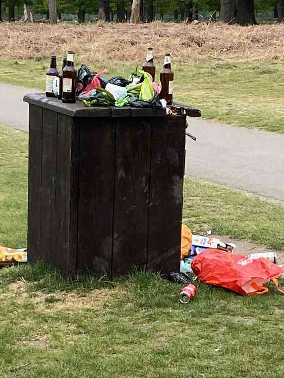 Discarded beer bottles, drink cans and food wrappings spill out of Bushy Park bin