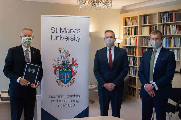 (Left to Right): Anthony McClaran (St Mary's Vice-Chancellor), Prof Symeon Dagkas (St Mary's Deputy Provost), Andrew Boggs (St Mary's University Secretary & Director of Government Relations)