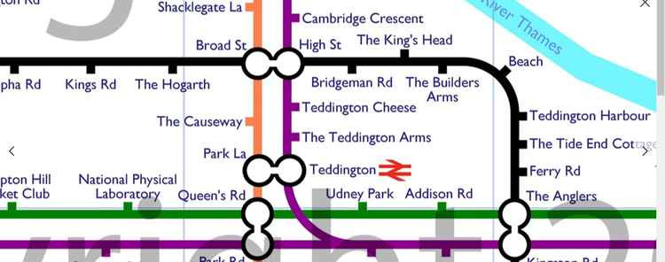 The centre of the Teddington Tube Map