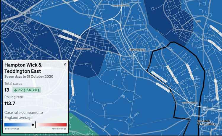 Hampton Wick and Teddington East recorded 4 fewer cases week-on-week