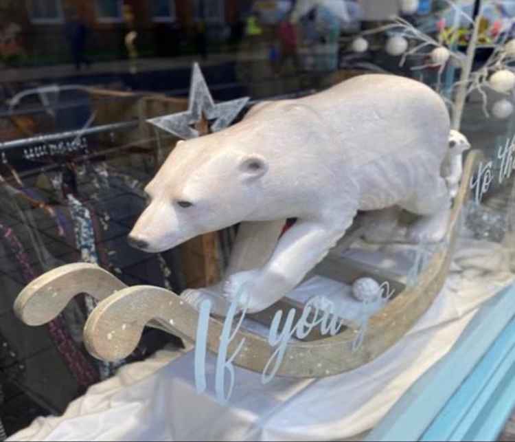 Polar bear 'rocking horse' in window of Mary's Living