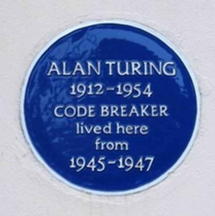 Turing's blue plaque in Hampton High Street