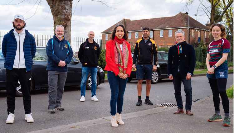 Munira Wilson MP pictured with representatives from local sports clubs including Hearts of Teddlothians Football Club, Thamesians Rugby Football Club, Tennis for Teddington, and Teddington RFC, plus Jonathan Dunn / Credit: Ben Queenborough