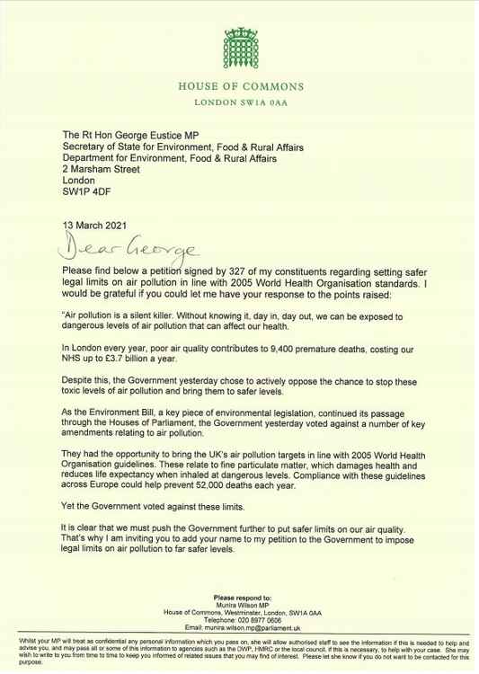 A photo of her letter to DEFRA Secretary of State George Eustice