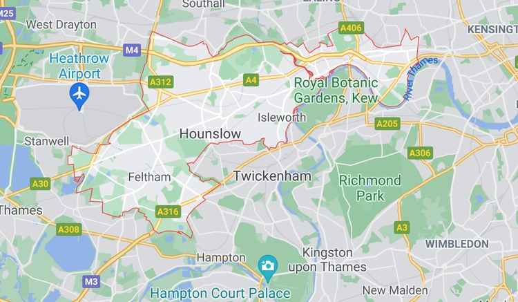 A map of South-West London showing the borough of Hounslow, which neighbours Richmond / Credit: Google Maps