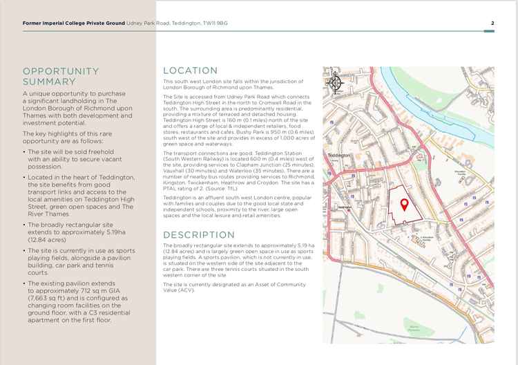 The site is described in the leaflet as having unique development and investment potential, but this claim has been criticised by Teddington residents