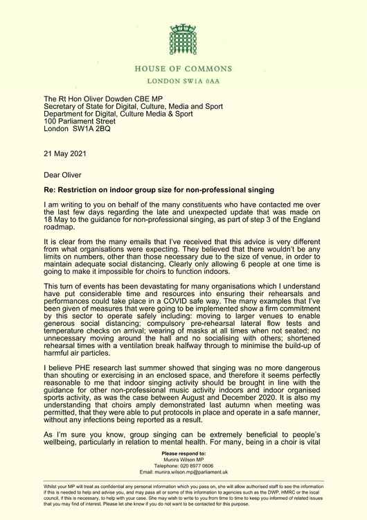 Teddington MP Munira Wilson wrote to government minister Oliver Dowden urging him to change the guidance on indoor singing (Credit: Office of Munira Wilson MP)