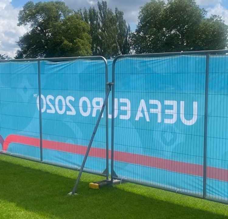 UEFA branded barriers could be seen on the pitch near the Lensbury as the officials trained (Credit: Stuart Higgins)