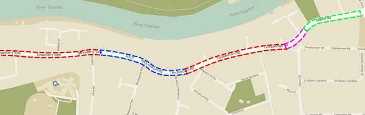 The different sections of the A310 between Twickenham and Teddington which have been earmarked for cycle improvements (Credit: Richmond Council)