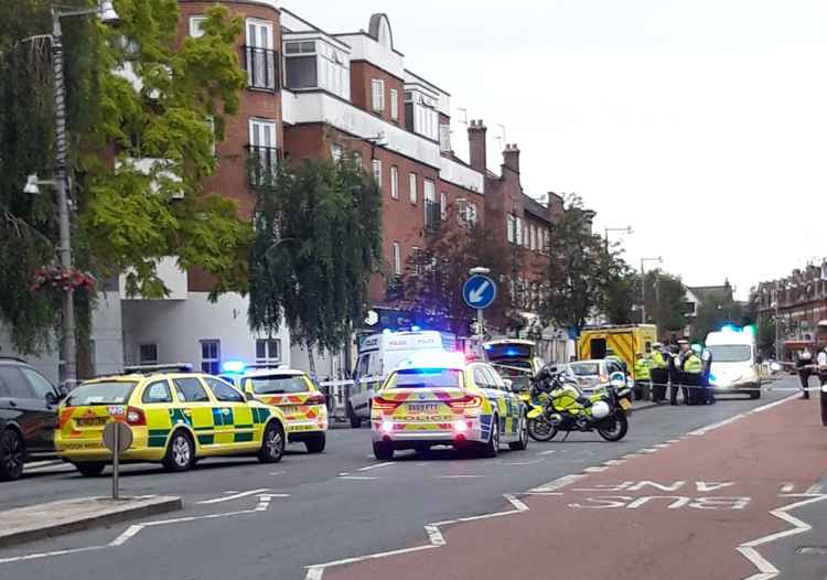 Emergency vehicles at the scene of the e-scooter crash on Heath Road, Twickenham - 5 minutes drive away from Teddington