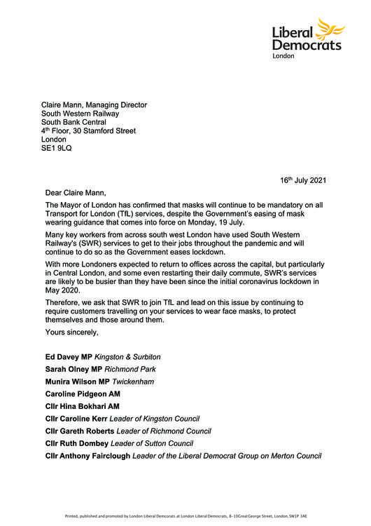 Wilson has co-signed a letter to South Western Railway urging the company to make masks compulsory (Photo credit: Munira Wilson MP)