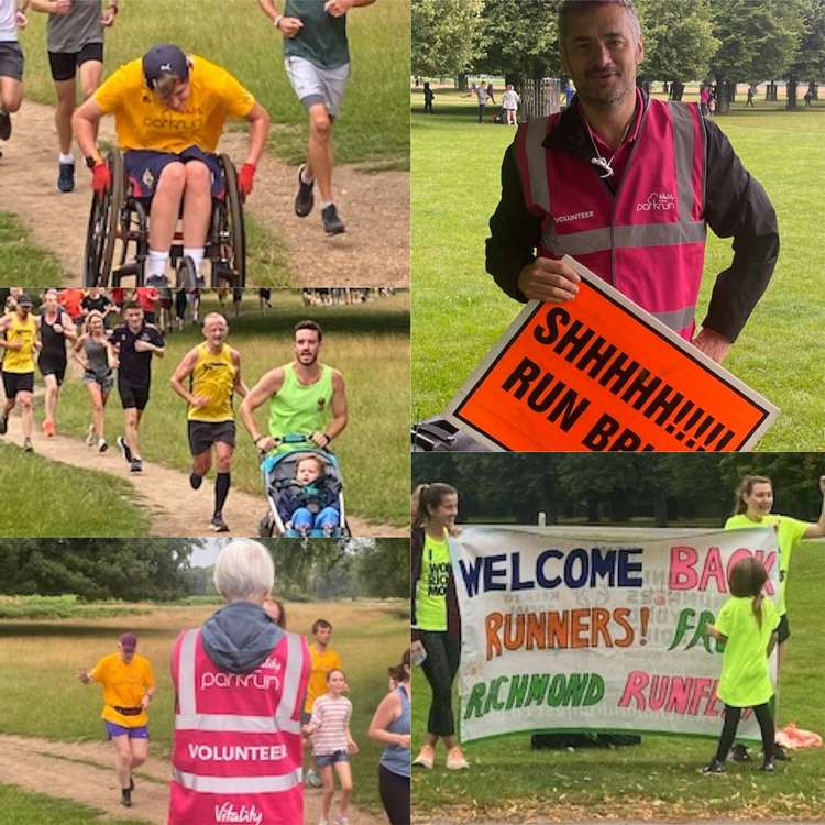 A montage of photos from the return of Bushy parkrun today. 1000 people turned out to take on the 5k route (Credit: Stuart Higgins)