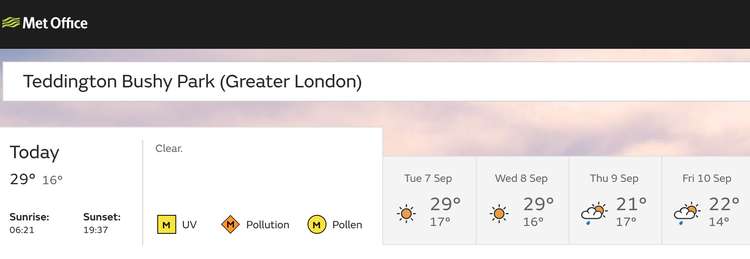 The weather forecast for Teddington shows tomorrow (7 September) will be warmer than usual