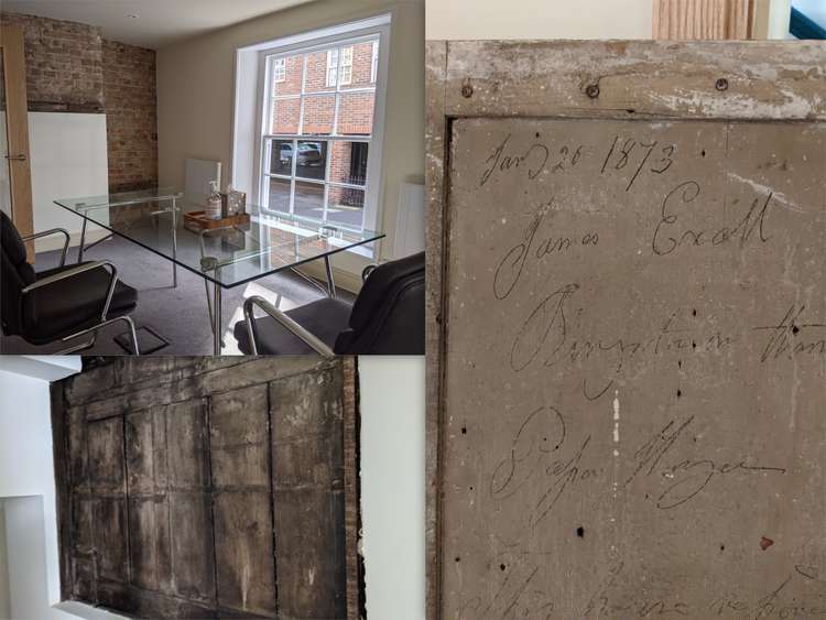 The old wooden wall, an office meeting room and the 'James Exoll' panel (Images: Ellie Brown)