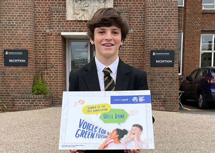 Hampton schoolboy Guillame with his award naming him a green voice of the future (Image: National Grid's Voices for a Green Future)