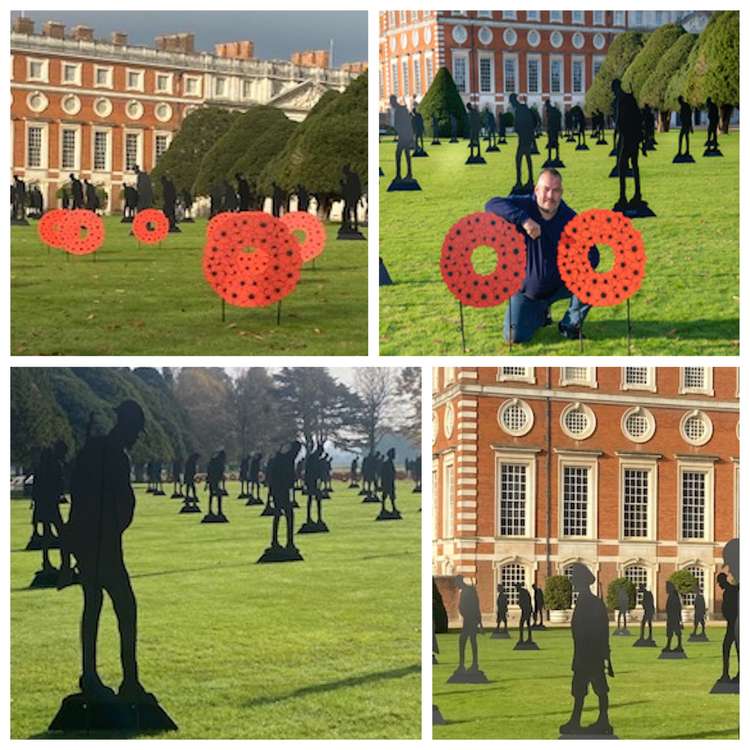 Clockwise from top left: more of the 75 screen-printed poppies; Dan Barton in front of his installation; silhouettes outside the palace; the soldiers in the East Front Gardens (Credit: Stuart Higgins)