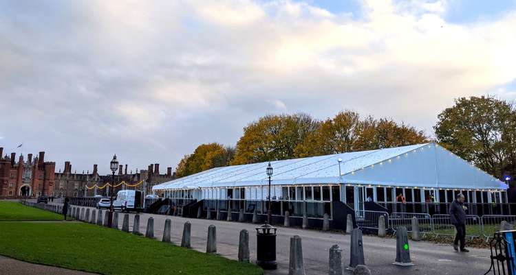 A giant marquee has been sent up by the Palace entrance where the ice rink is located (Image: Ellie Brown)