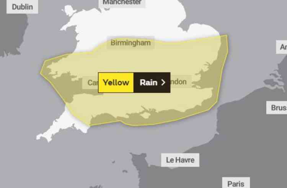 The area covered by tomorrow's weather warning. Image courtesy of the Met Office.